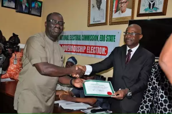 Photos: Edo State Governor-Elect, Godwin Obaseki And Deputy All Smile As They Receive Certificates of Return From INEC Officials